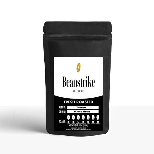 No. 1 House Blend 12 oz bag, medium roast, Beanstrike Coffee Co. label