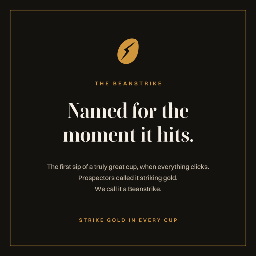 Beanstrike name card: named for the moment it hits. Strike gold in every cup.