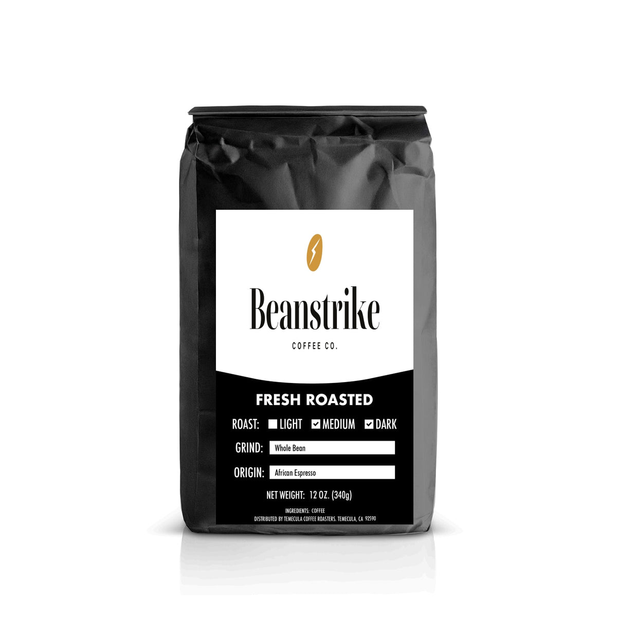 Gold Seam Espresso 12 oz bag, medium-dark African blend, Beanstrike Coffee Co. label