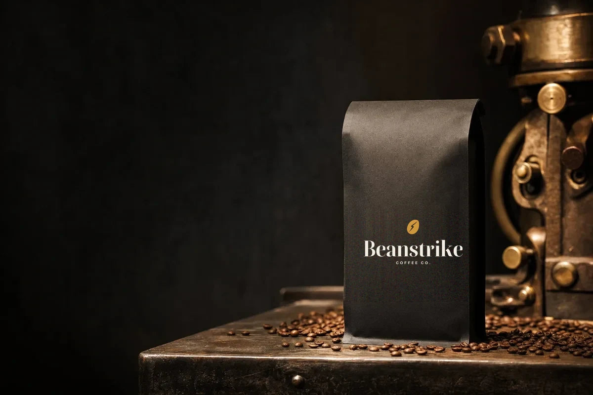Matte black Beanstrike Coffee Co. bag with the gold bean-strike logo on a workbench scattered with coffee beans