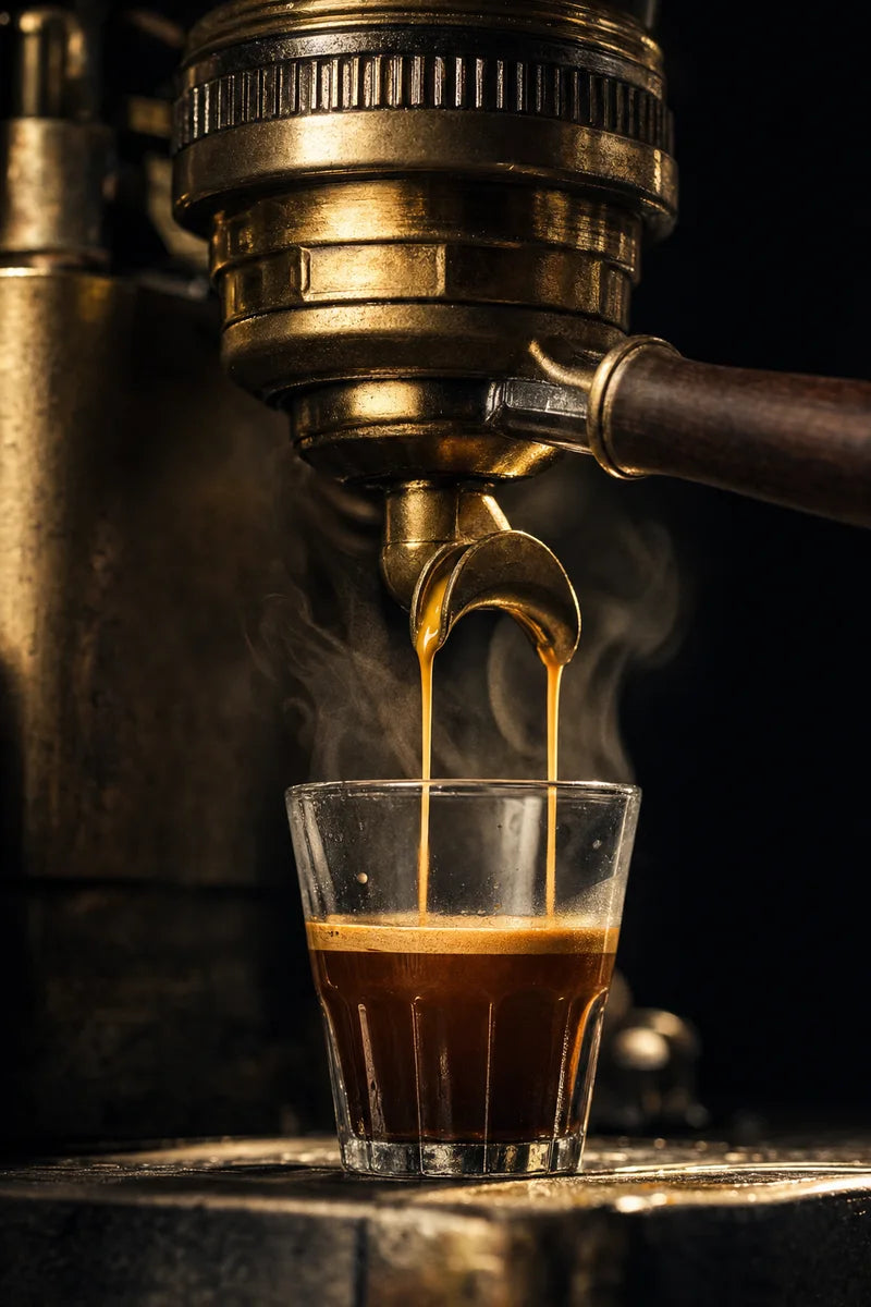 Illustrative coffee pour in a warm, considered setting